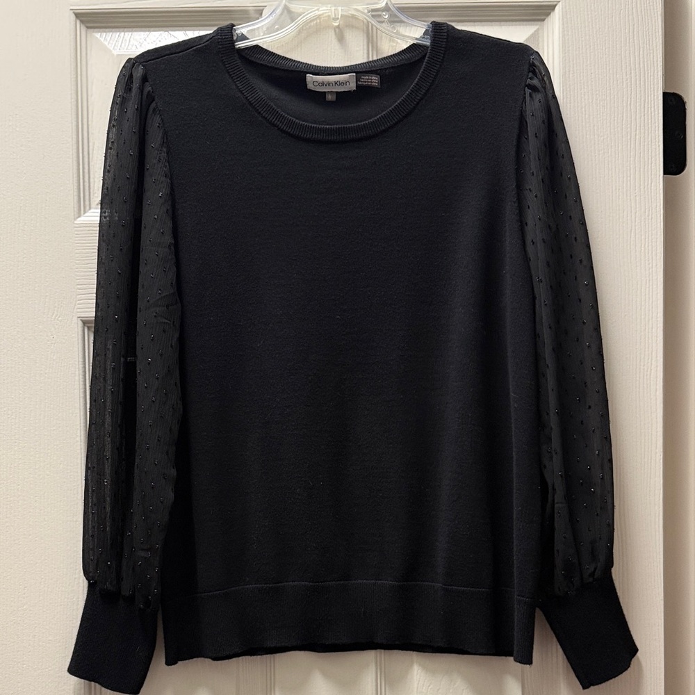Calvin Klein Black Sweater Top, Sheer Sleeves with Sparkly Detail